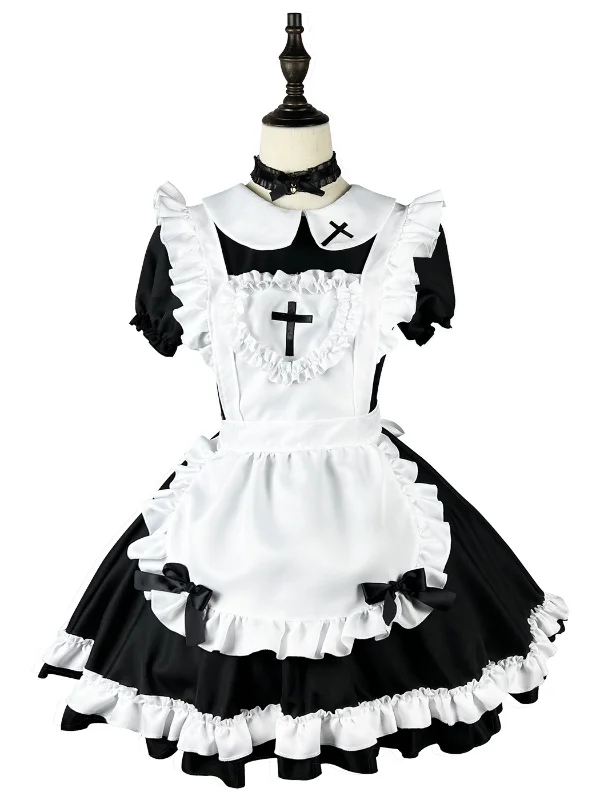 Lolita Cross Heart Bubble Sleeve Tiered Ruffled Peter Pan Collar Mini Maid Dress