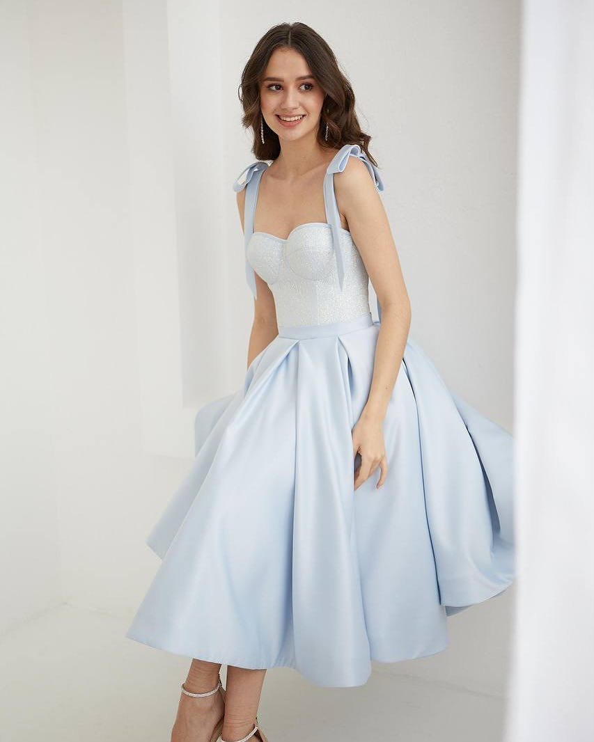 Lussooy Sky Blue Charming Satin Spaghetti Strap Sleeveless A Line Prom Dress with Bow