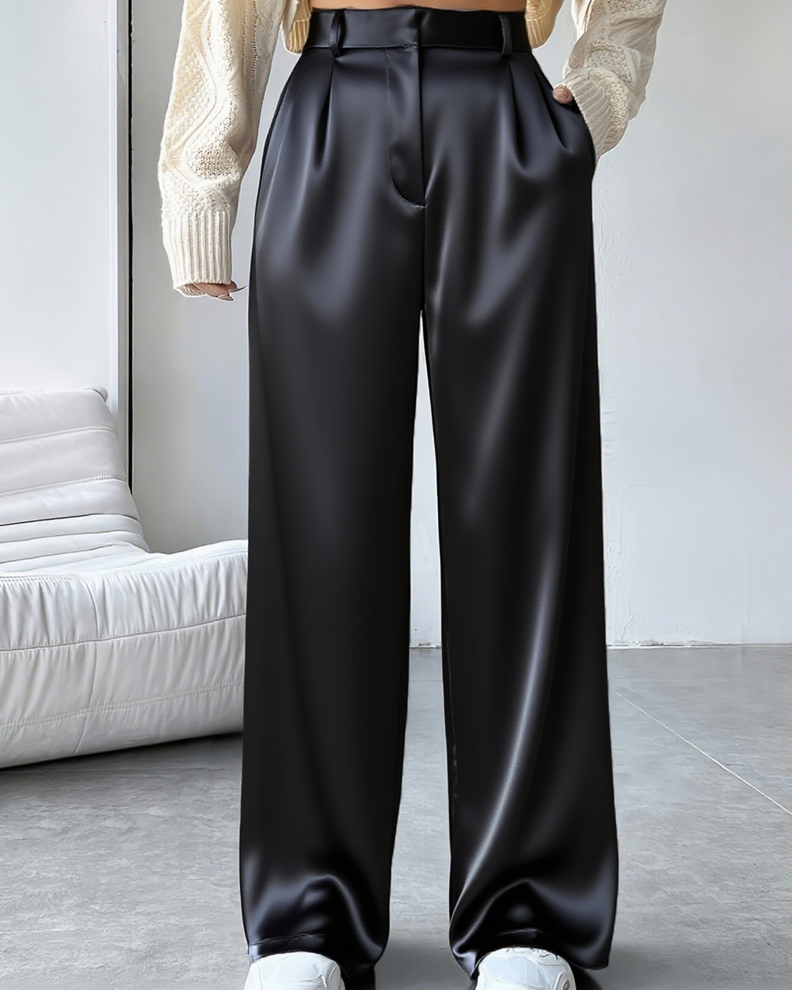 High-Waisted Draped Satin Straight-Leg Trousers