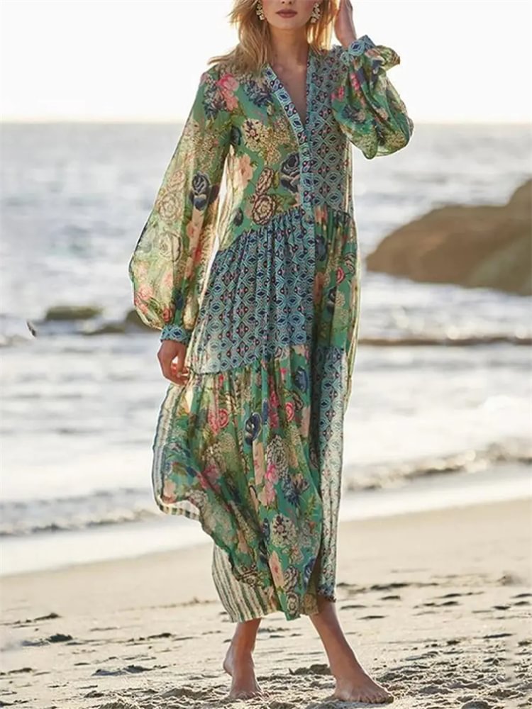 Boho Floral Patchwork Ruffle Maxi Dress