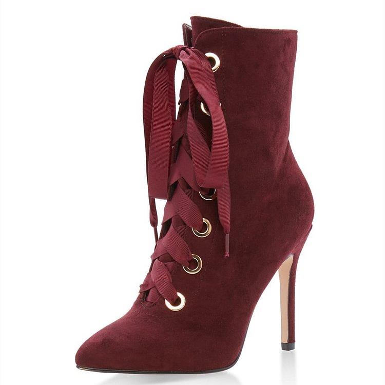 Maroon Suede Lace up Boots Pointed Toe Stiletto Heel Ankle Booties |FSJ Shoes
