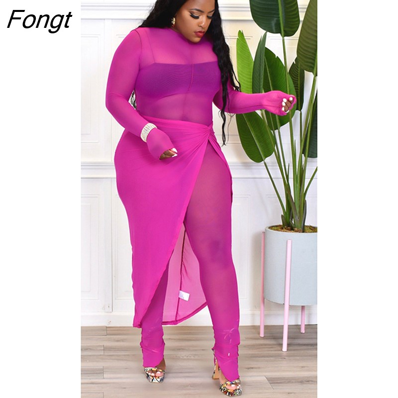 Fongt Stitching Sheer Mesh Two Piece Set Women Sexy See Through Long Sleeve Skinny Jumpsuit 9475