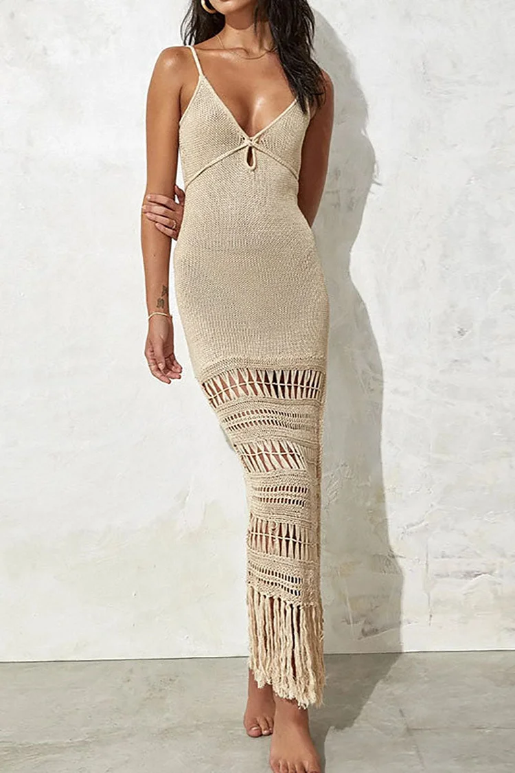Hollow Out Knit Fringed V Neck Cover Ups Slip Maxi Dresses