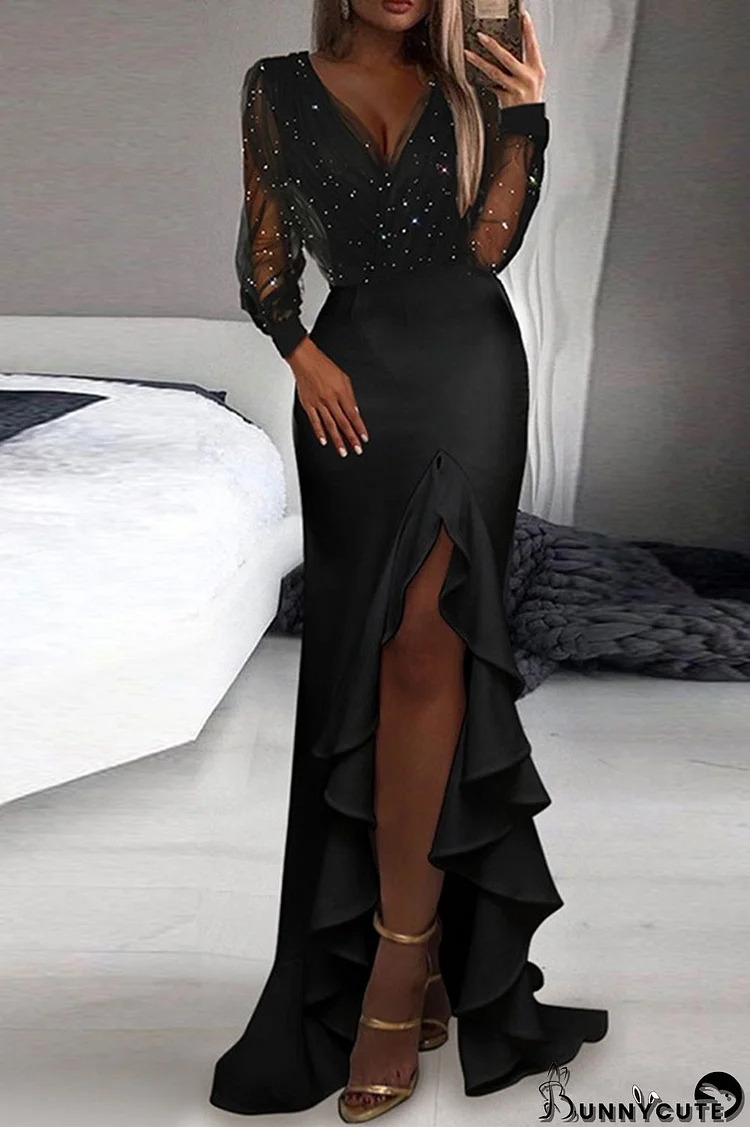 Black Casual Elegant Patchwork Sequined V Neck Irregular Dress Dresses
