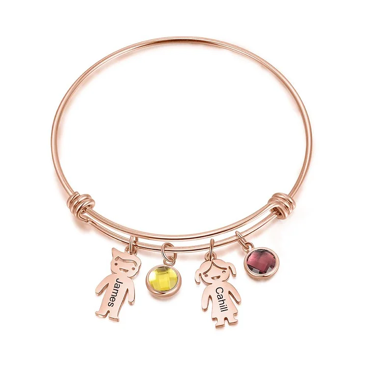 Bangle Bracelet with Kids Charms 2 Birthstone Engraved 2 Names