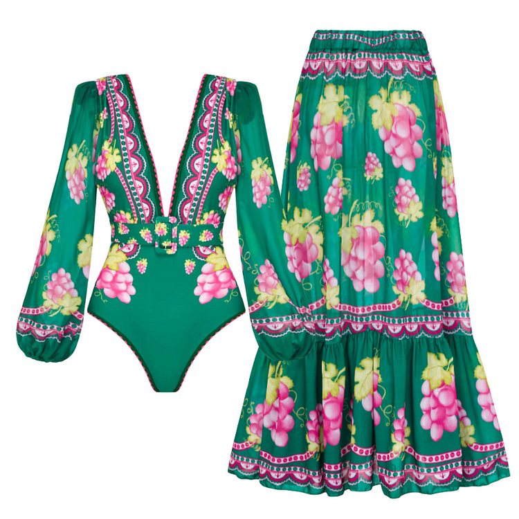 Long-sleeved Retro Green Grapes Print One Piece Swimsuit and Skirt