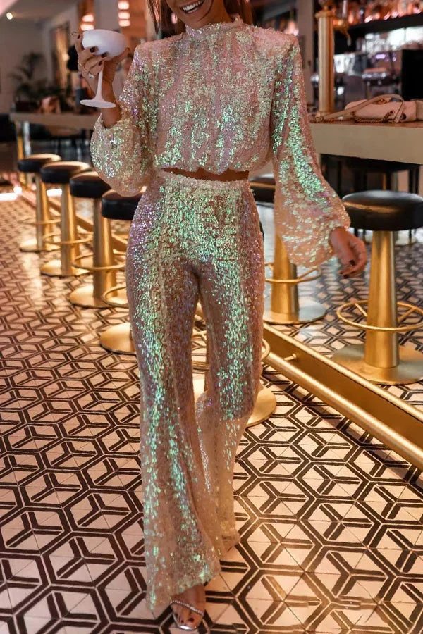Casual Mermaid Sequined Long-sleeved Tops And Bell-bottom Pants Two-piece Set