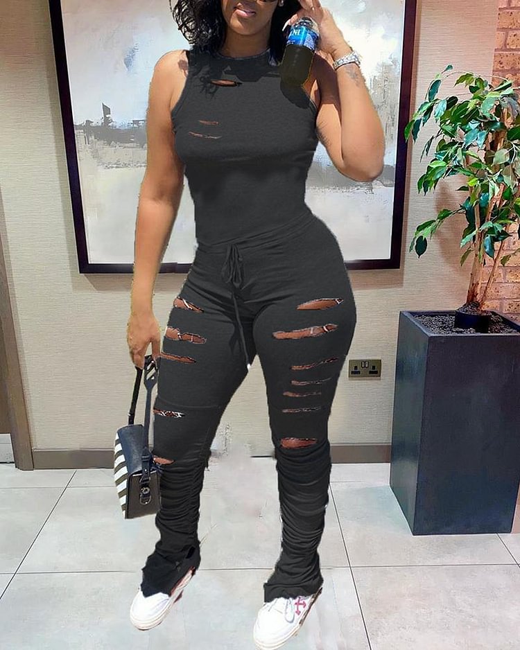 Hollow Out Drawstring Waist Stacked Casual Jumpsuit - Shop Trendy Women's Clothing | LoverChic