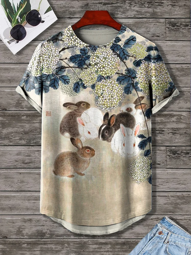 Men's Easter Floral Rabbit Japan Watercolor Art Printed Tee