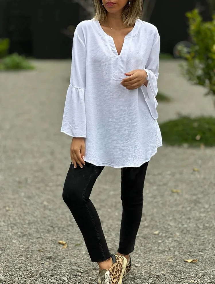 Solid Color V-neck Dress Casual Long Sleeve Women