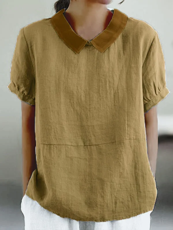 Solid Color Cotton And Linen Top.