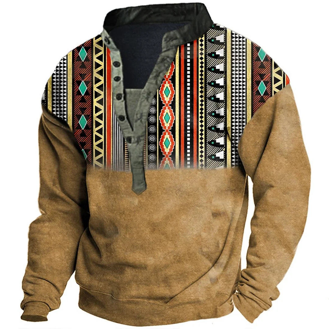 Men's Vintage Ethnic Geometric Stripes Henley Sweatshirt