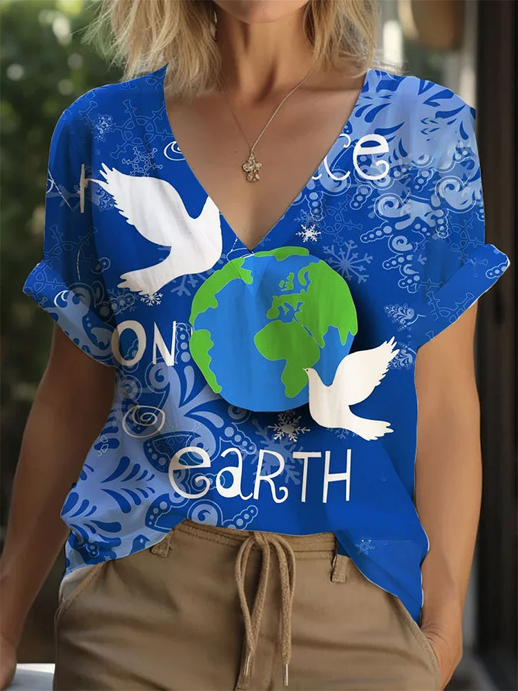 Women's V-neck Earth and Dove Print Top socialshop
