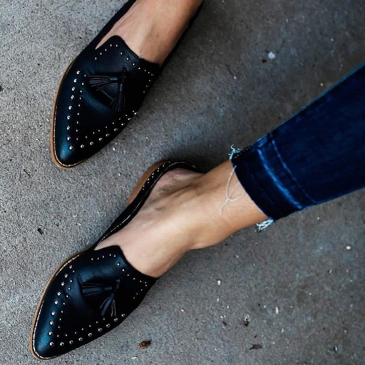 Black Studs Fringe Flats Mule Loafers for Women |FSJ Shoes