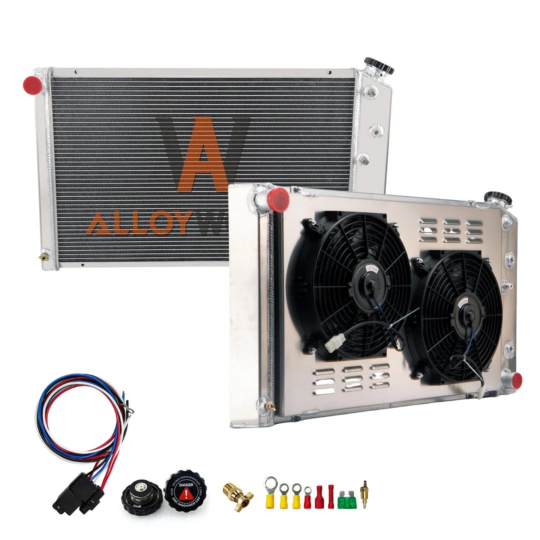 Alloyworks 3 Rows All-aluminum Radiator with Fan Shroud for 1968-1990 Chevy C10 K20 El Camino GMC C2500 28''W V8 18 5/8" height x 33" width12" Fans