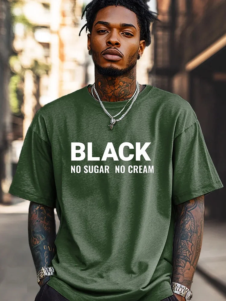 Men's Black No Sugar No Cream Print Cotton Casual T-Shirt