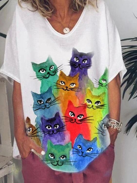 Women's rainbow cat casual T-shirt