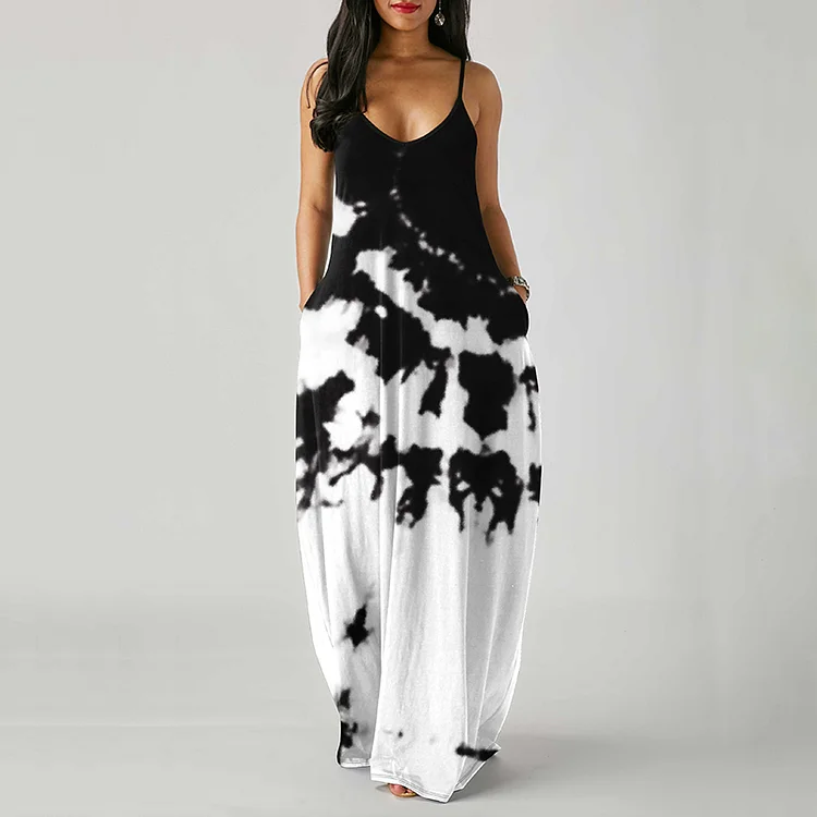 Vefave Side Pocket Tie Dye Spaghetti Strap Maxi Dress