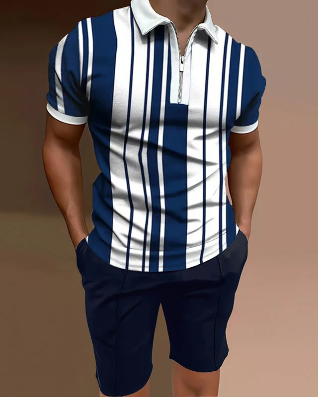 Men's polo shirt casual striped two piece set