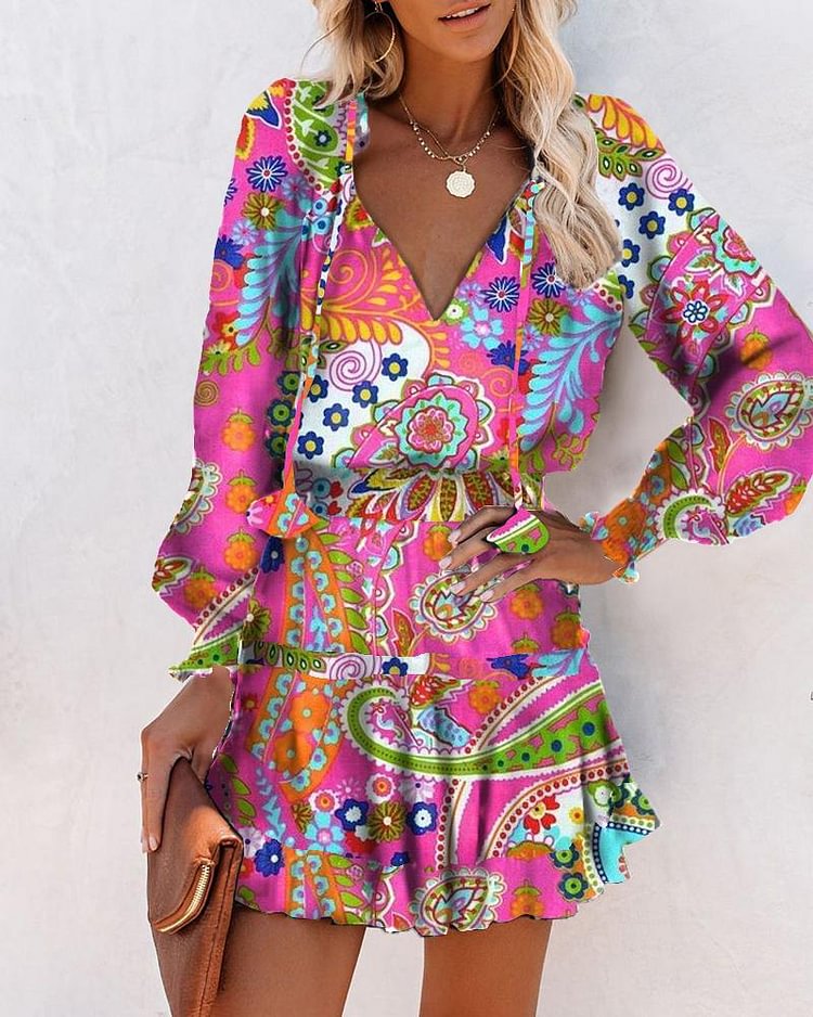 Floral Latern Sleeve Loose Mini Dress P11816