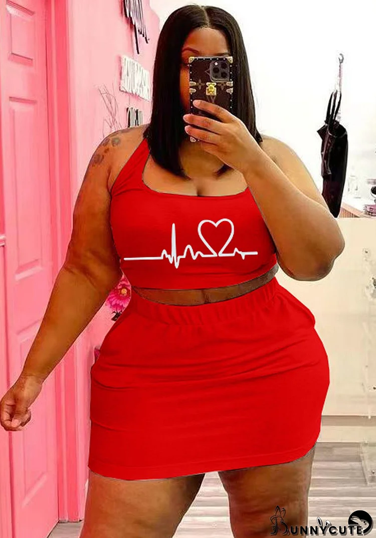 Women Summer Red Casual U-neck Sleeveless Print Vest Plus Size Two Piece Skirt Set
