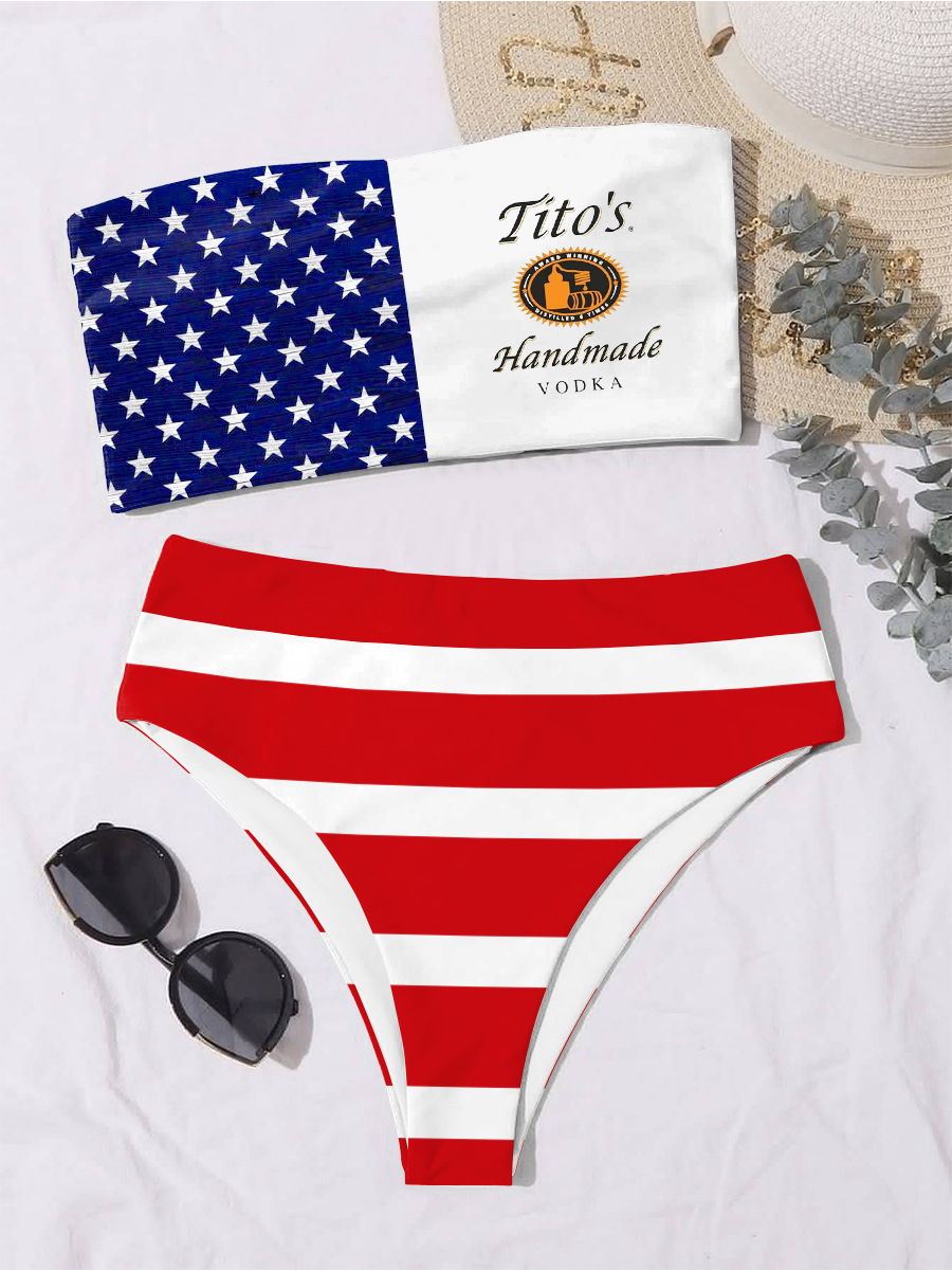 Tito S Vodka July 4th Flag Print Drinking Bandeau Bikini Set