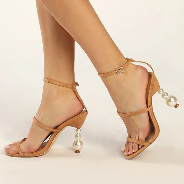Khaki Open Toe Triple Strap Pearl Decorative Heel Summer Sandals |FSJ Shoes