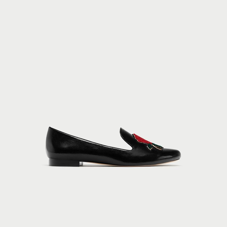 Black Round Toe Flats Embroidery Square Toe Loafers for Women |FSJ Shoes