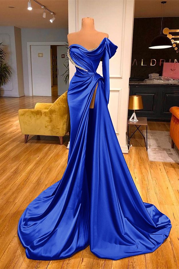 Daisda One-Shoulder Purple Long Sleeves Beadings Evening Dress Split Mermaid