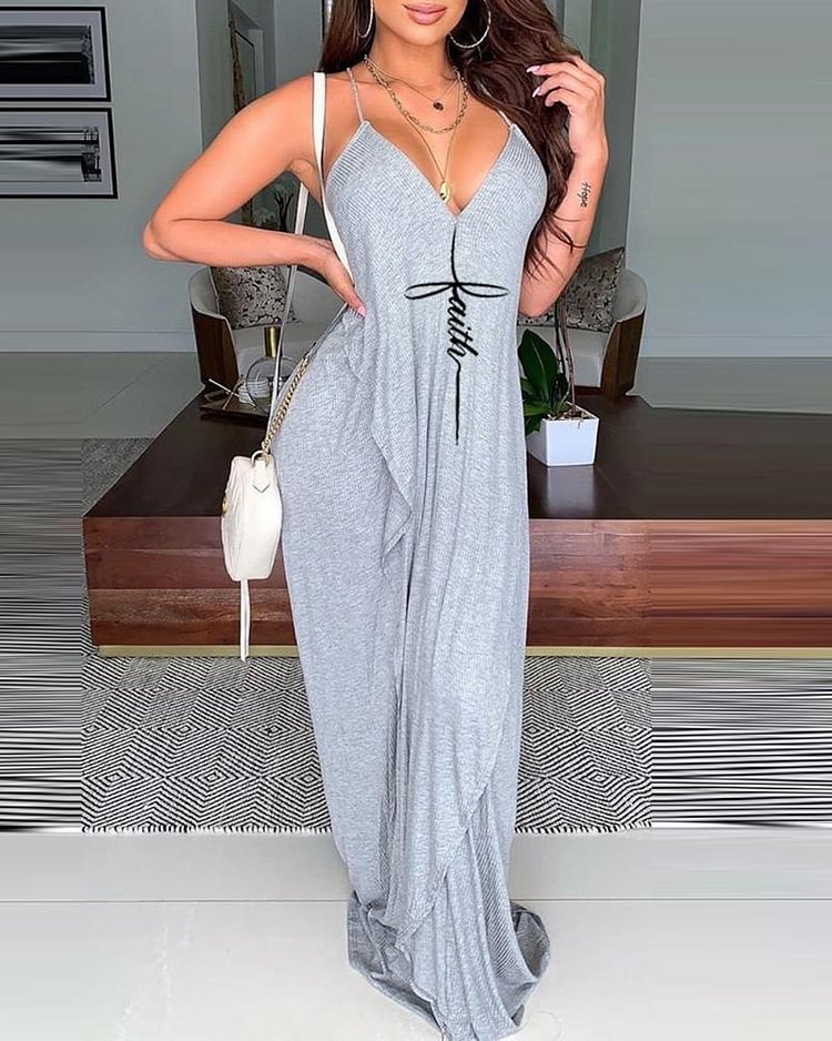 Summer Letter Print Backless Cami Maxi Casual Dress Homewear Sexy Sleeveless V Neck Comfortable Spaghetti Strap Dress - BlackFridayBuys
