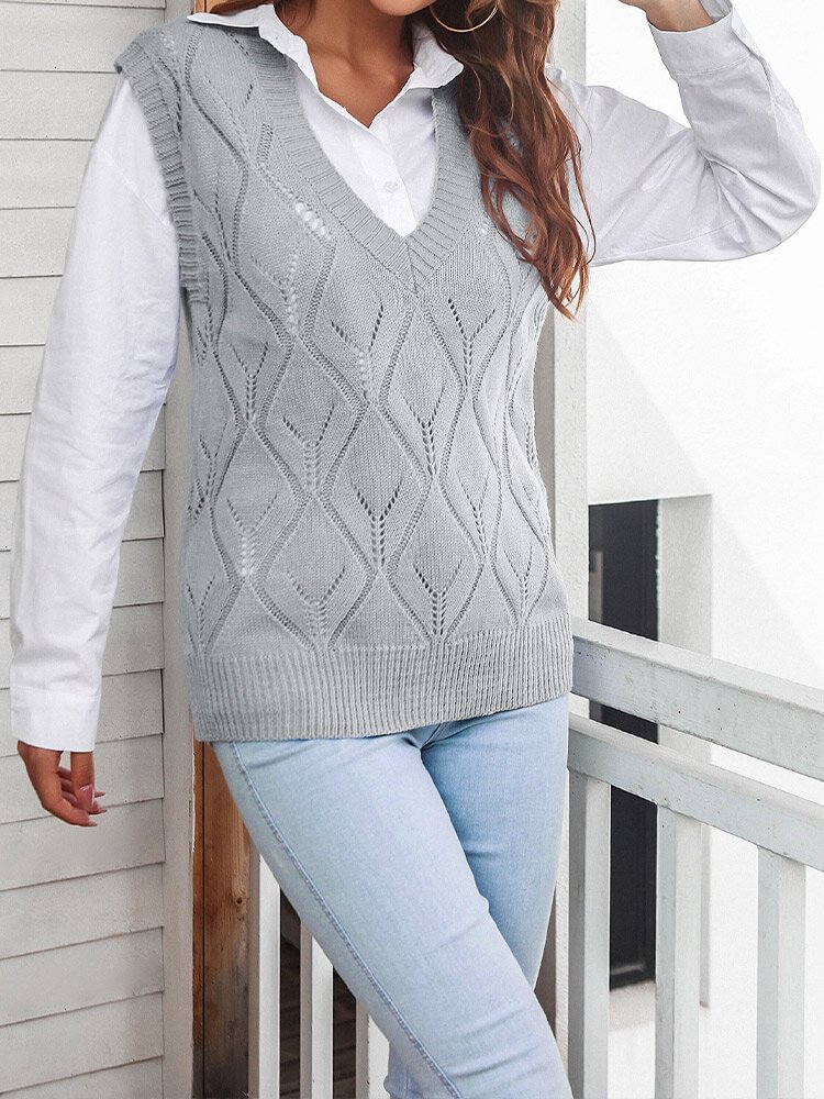 Argyle Pattern Knitted Sleeveless V-neck Hollow Solid Sweater - Shop Trendy Women's Clothing | LoverChic