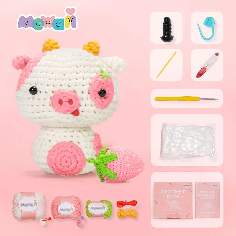 Mewaii Kawaii Crochet Cow Blueberry Kits with Easy Peasy Yarn Complete DIY For Adults Crochet Animal Kits For Kids