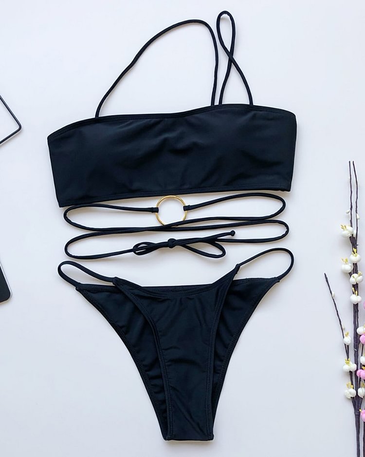 Spaghetti Strap Solid Bikini Set
