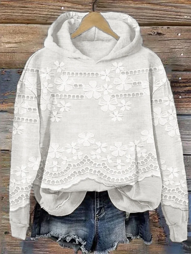 Cottage Floral Embroidered Hollow Lace Cozy Hoodie