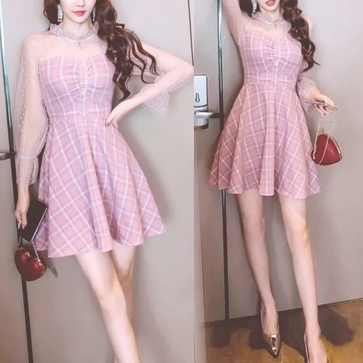 Pink Cute Mesh Stitching Plaid Retro Dress SP13363