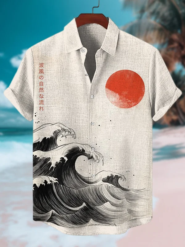 Men's Sea Wave Japanese Art Printed Short Sleeve Shirt