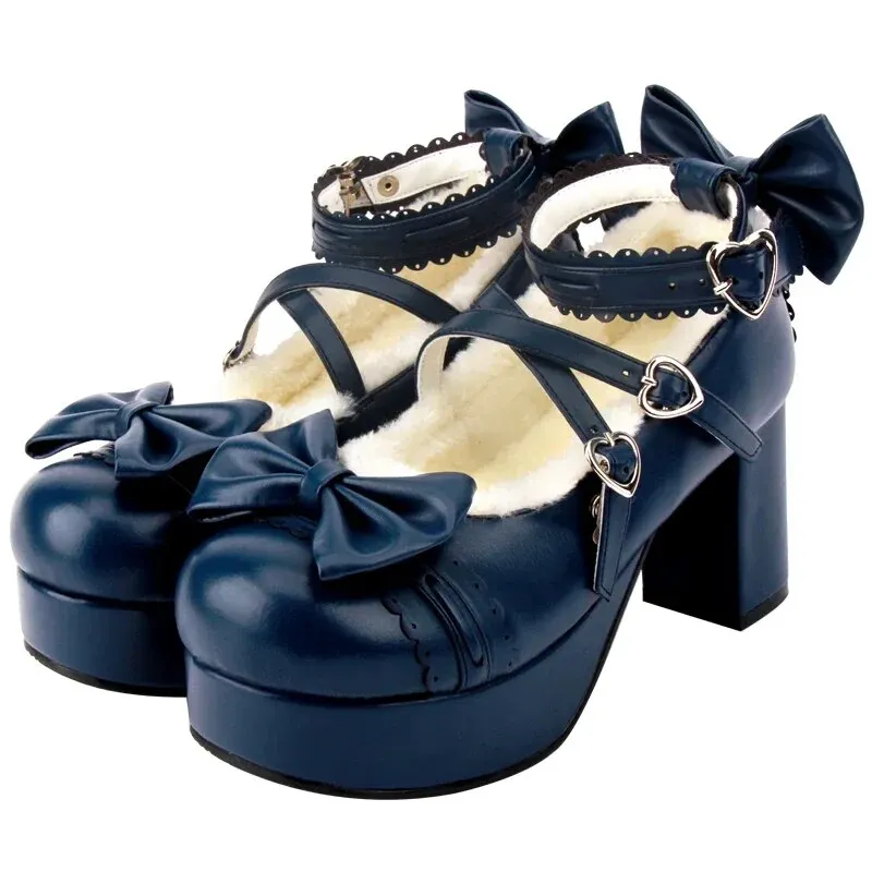 VCshoes Woman Mori Girl Lolita Cosplay Shoes Lady High Heels Pumps Women Princess Dress Party Shoes Bowtie Fleeces 8cm