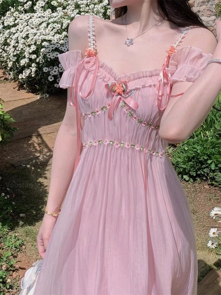 Pink Sweet V-Neck Bow Floral Fairy Party Dress PE023