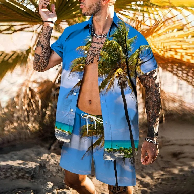 Men's Clothing  foreign trade European size men's casual loose shirt suit Hawaiian seaside 3D digital printing beach short sleeves_ ecoleips_old