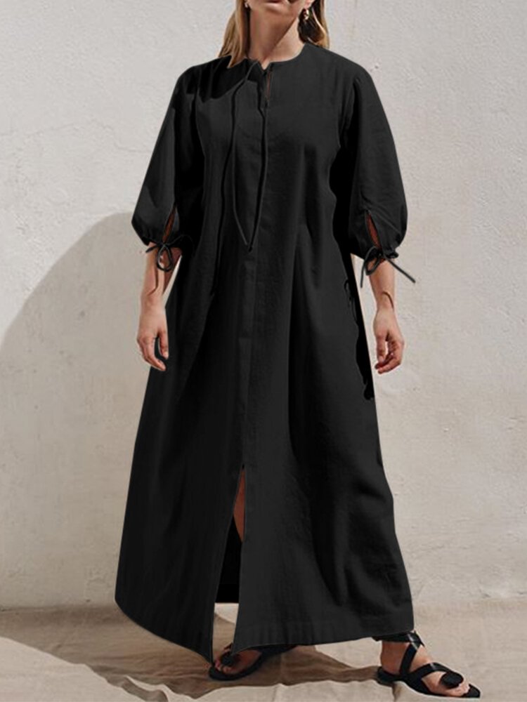 Solid Color Half Sleeves Front Slit Lace-Up Casual Maxi Dress