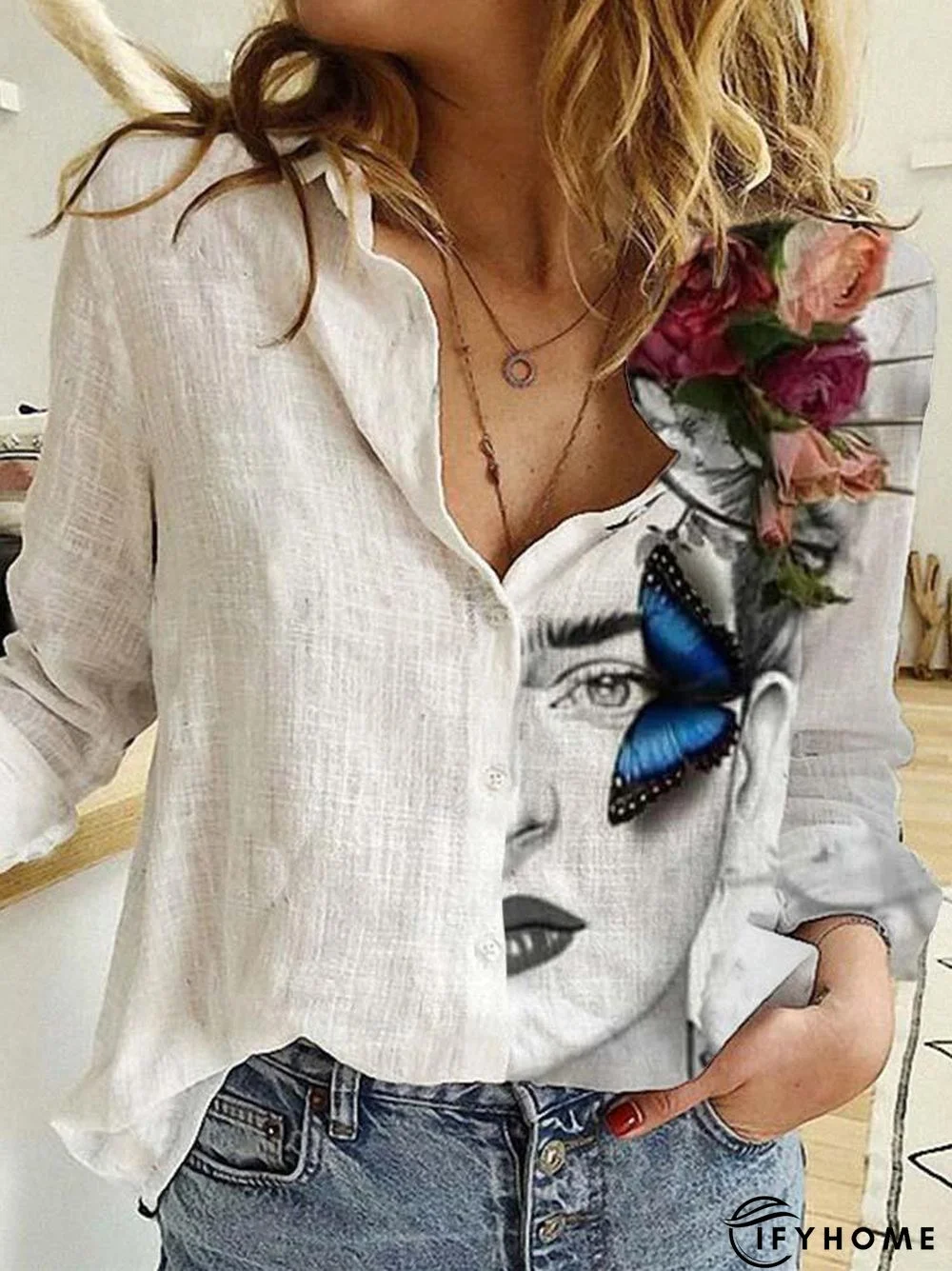 Ladies And Flower Printed Lapel Long Sleeve Shirt | IFYHOME