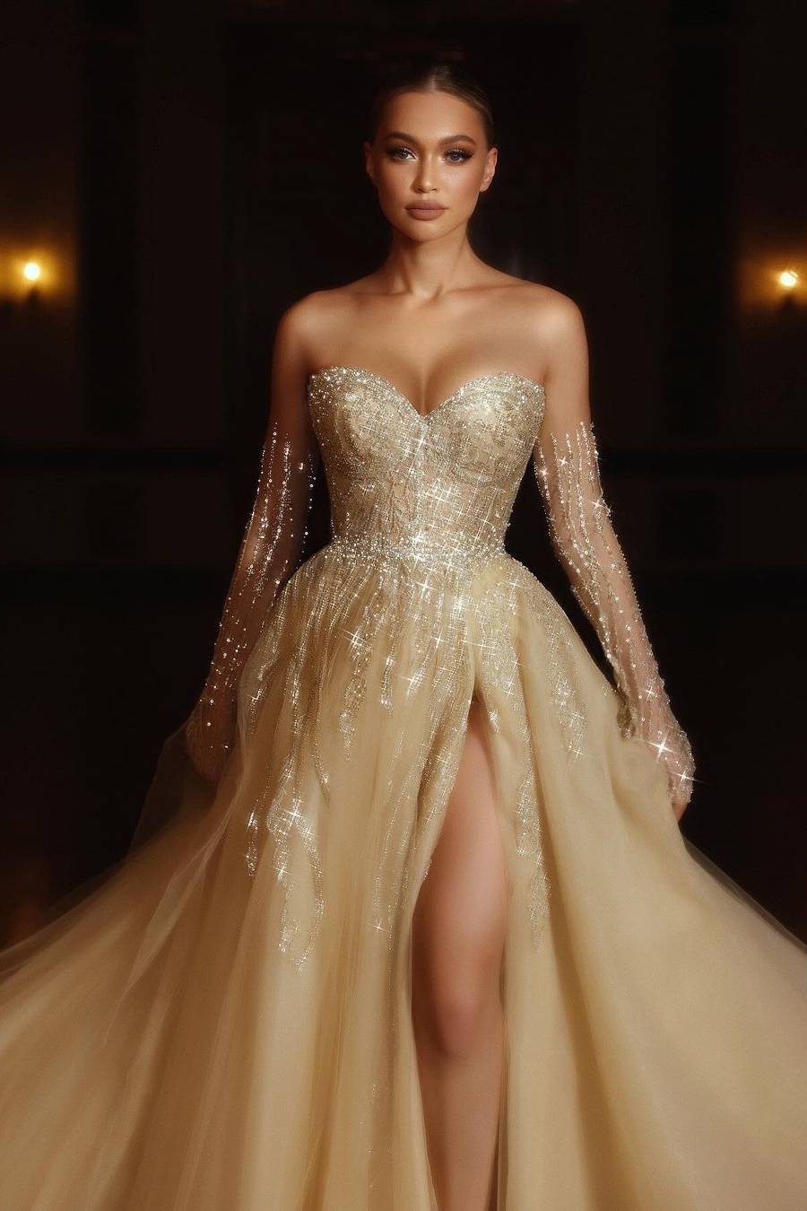 Miabel Champagne Gold Glitter with a High Slit Prom Dress