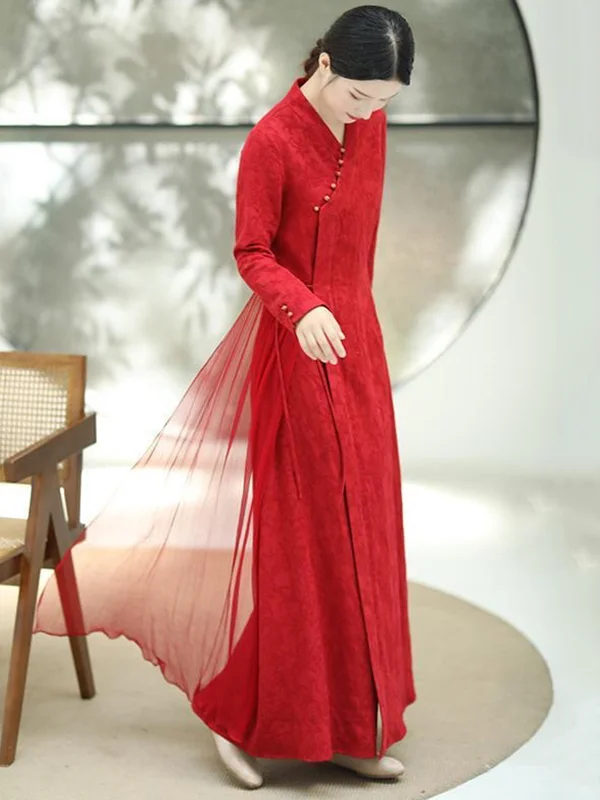 Vintage Minimalist Tied Jacquard Long Cheongsam A-Line Midi Dress