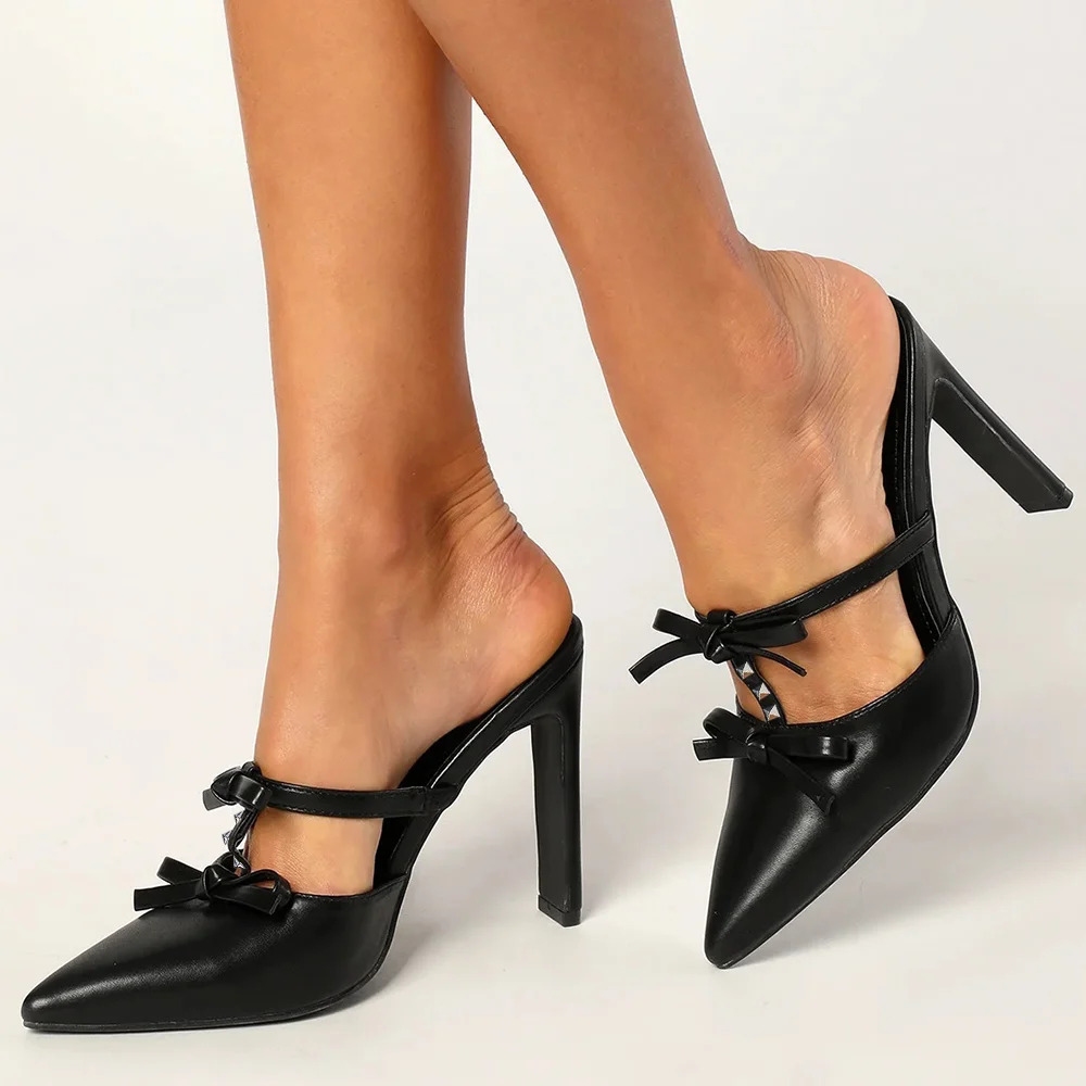 Classic Black Pointed Toe Studded Bow Block Heel Mules Shoes Nicepairs