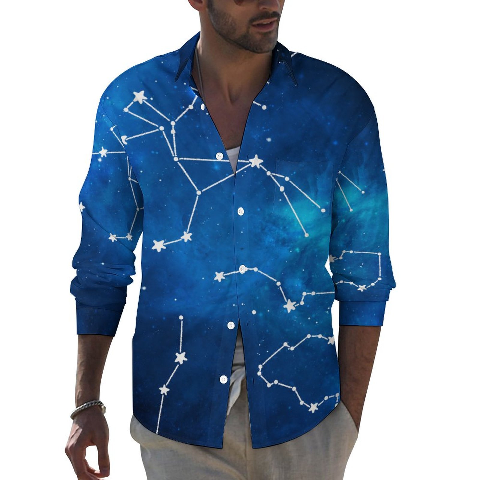 constellation dress shirt Constellation Short Sleeve Men Button Up Shirt, Space Stars Universe Print Casual Buttoned Down Summer Collared Dress Shirt 4XL
