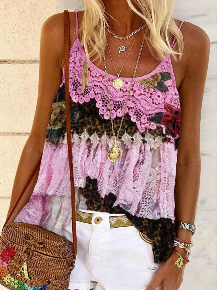 Comstylish Boho Roses Leopard & Lace Patchwork Cami Top