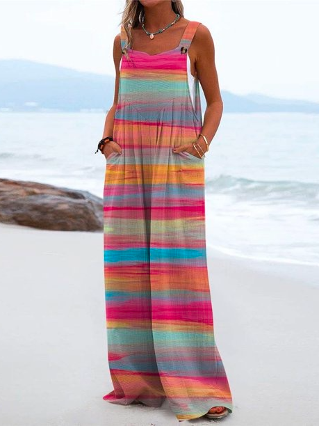 Women's Rainbow Print Sleeveless Jumpsuit Cargo Casual Pants socialshop