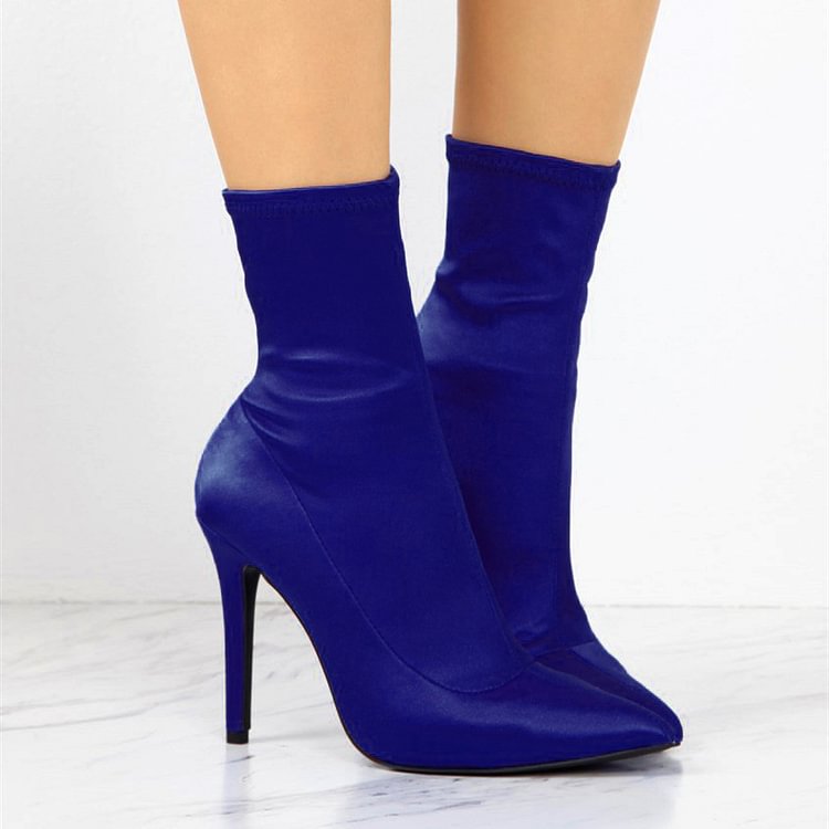Blue Lycra Sock Boots Pointy Toe Stiletto Heel Ankle Booties |FSJ Shoes