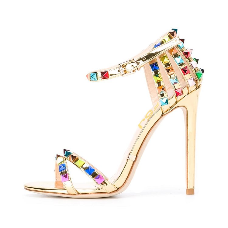Gold Studs Shoes Ankle Strap Stiletto Heel Mirror Leather Sandals |FSJ Shoes