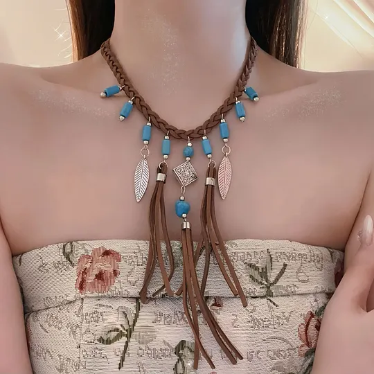 European and American Bohemian Arm Necklace Ethnic Style Women's Clavicle Chain Turquoise Tassel Arm Chain Retro Vacation Style Accessories